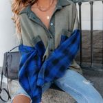 POL P.O.L. French Terry Oversized Shacket in vintage moss/blue plaid flannel western Photo 1