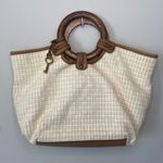 Fossil Tan Tweed Straw Summer Shoulder Bag Wooden Handle Photo 0