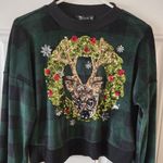 Miss Chievous  Reindeer Cropped Fleece Sweatshirt Green/Black Plaid Size Medium Photo 1