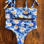 Romwe Blue Daisy Floral Patterned Tie Shoulder High Waist Cheeky Bikini Photo 0