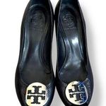 Tory Burch Sally Black Leather Peep Toe Wedge Pumps Logo Gold Medallion Shoe 7 Photo 0