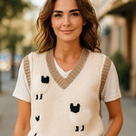 NWT Luna Ivy Chunky V Neck Sheep Embroidered Sweater Vest Tan Photo 0