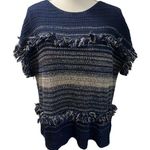 Dana Buchman  Blue & Cream Fringed Short Sleeve Cotton Sweater Photo 0