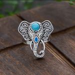 Bohemian Elephant Ring with Turquoise Accent Silver Plated Adjustable Open Band Silver Photo 6