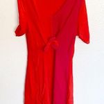 Skies Are Blue  Red Orange Colorblock Tie Front Short Sleeve V Neck Mini Dress Photo 0