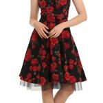 Hot Topic  MED red & black floral swing halter dress scalloped bust trim pin up Photo 14