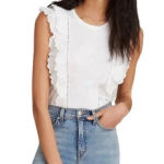 Veronica Beard  blouse Pima cotton tee short sleeve ruffles embroidered eyelet Photo 0