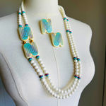 Vintage 80s Necklace/Earring Set Ceramic White Turquoise Happy Fun Accessories Photo 0