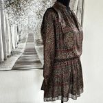 Frame Deep Moss Multi Silk Metallic Long Sleeve Smocked Waist Mini Dress - S/P Photo 7