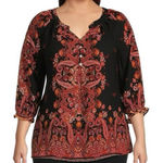 Fig & flower paisley abstract peasant blouse black orange size 2X Photo 0