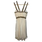 NWT Mandalay White Silk Gold Gray Beaded Cutout Midi Evening Gown Dress Womens 2 Photo 4