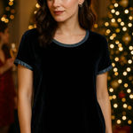 CP Shades Dark Blue Velvet Short Sleeve Top Rayon/Silk Blend Made in USA (S) Photo 0