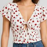 No Frills Los Angeles Cherry Print Tie Front Smocked Crop Top Women's Large Red Photo 0