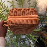 Brown tan wicker bamboo wooden weaving briefcase tote satchel hand bag purse boho vintage vibe gold hardware Photo 1