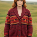Pendleton Red Starburst Stripe Southwest Merino Wool Cardigan Sweater Size PM Photo 0