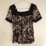 Apostrophe Brown Tan Coral Pink Floral Satin Square Neck Short Sleeve Blouse S Photo 6
