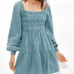 American Eagle  green plaid smocked bust long sleeve dress small Photo 0