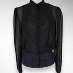 AN'GE Black Long Sleeve Semi Sheer High Neck Blouse W/ Pleated Detailing | EUC Photo 0