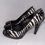 Ann Taylor Vintage Y2K Pumps Zebra Print Calf Hair Black Peep Toe High Heels 8.5 Photo 1