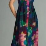 Anthropologie  Printed V-Neck Pleated A-Line Watercolor Dress Size Large Photo 0