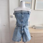 Denim Strapless Tube Top Womens Large Bustier Corset Belted Zip Blue Photo 2