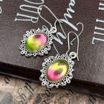 Vintage Neon Rainbow Glass Cabochon Reflective Stainless Steel Dangle Earrings Photo 2