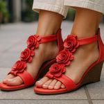 NY & C Red Floral Wedge Sandals. Nwt! Size 9 Photo 0