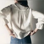 ZARA  Oyster White Pearl Lapel Tie Collar Ruffled Cuffs Button Down‎ Blouse XS Photo 3