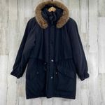 Gallery Vintage 80s  Coat Womens Medium Black Rayon Blend Raccoon Fur Trim‎ Hood Photo 1