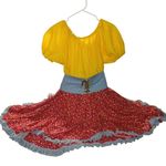 Dress Size ML Square Dance Country Farm Yellow Red Floral Skirt Blue Lace Trim Photo 3