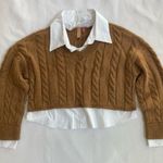 Pilcro Anthropologie Tan Cropped Cable-Knit Twofer Long Sleeve V-Neck Sweater Photo 6