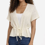 Vintage Cream Crochet Knit Tie Front Cover Up | 70s Boho Sheer cardigan Photo 0