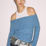 Mango  off the shoulder textured knit light blue sweater size Large Photo 1
