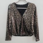 ZARA  TRF Sequin Blouse Top XSMALL Collection Brown Gold Animal Print Long Sleeve Photo 4