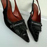 Donald Pliner  Leather Sling Back Mules Sz 8 Black Kitten Heels Kiltie Point Toe Photo 5