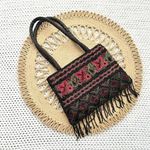 Vintage Black Satin Red Floral Top Handle Evening Bag Beaded Fringe Small Boho Photo 0