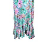 Vintage Avon Teal Pink Floral V Back Midi Dress With Mermaid Ruffle Bottom Hem Size 8 Photo 3