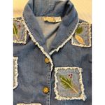 Y2K Boho Patchwork Denim Fall Jacket W/ Embroidered Leaf Motif Raw Hem Pockets M Blue Size M Photo 2