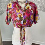 Vintage 90s 1991 Colorful Boho Hippie Floral Flower Front Tie Crop Top Blouse S Photo 2