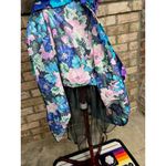 party dress floral drop waist puff sleeve swing skirt pink teal blue 1980s Size 12 Photo 8