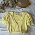 For Love & Lemons Devon Cropped Fuzzy Cardigan Puffy Sleeve Sweater Yellow Photo 3