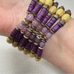 Vintage Purple Yellow Wood & Glass Beaded Stretch Bracelet Silver Tone Metal Photo 5
