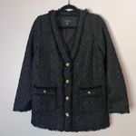 Ann Taylor Fringe Tweed Button Front Cardigan Blazer Jacket Black Photo 1