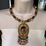 Tigers Eye Oval Pendant Necklace Choker Agate Stone Jewelry Vintage u Gold Photo 0