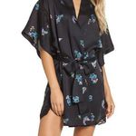 Natori NWT New Designer Short Wrap Robe Womens L Silky Satin Flowers Black Lace Photo 0