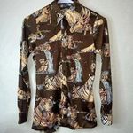 Miami Vintage 70s Disco Mod Tiger All Over Art Cat Print Brown Button Shirt Photo 0
