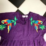 Vintage 70s Embroidered Midi Dress Parrot Bird Floral Oversized Mexican Tropical Purple Photo 2