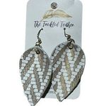 The Freckled Feather Earrings Suede Leather Woven Gold White Hook 2.5" NWT Photo 0