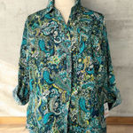 Studio Works NWT! Teal & Lime Paisley Pocket Rolled Sleeve Blouse Size 2X Photo 0
