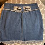 POL Blue Denim Mini Skirt distressed w lined plaid patches casual denim summer Photo 5